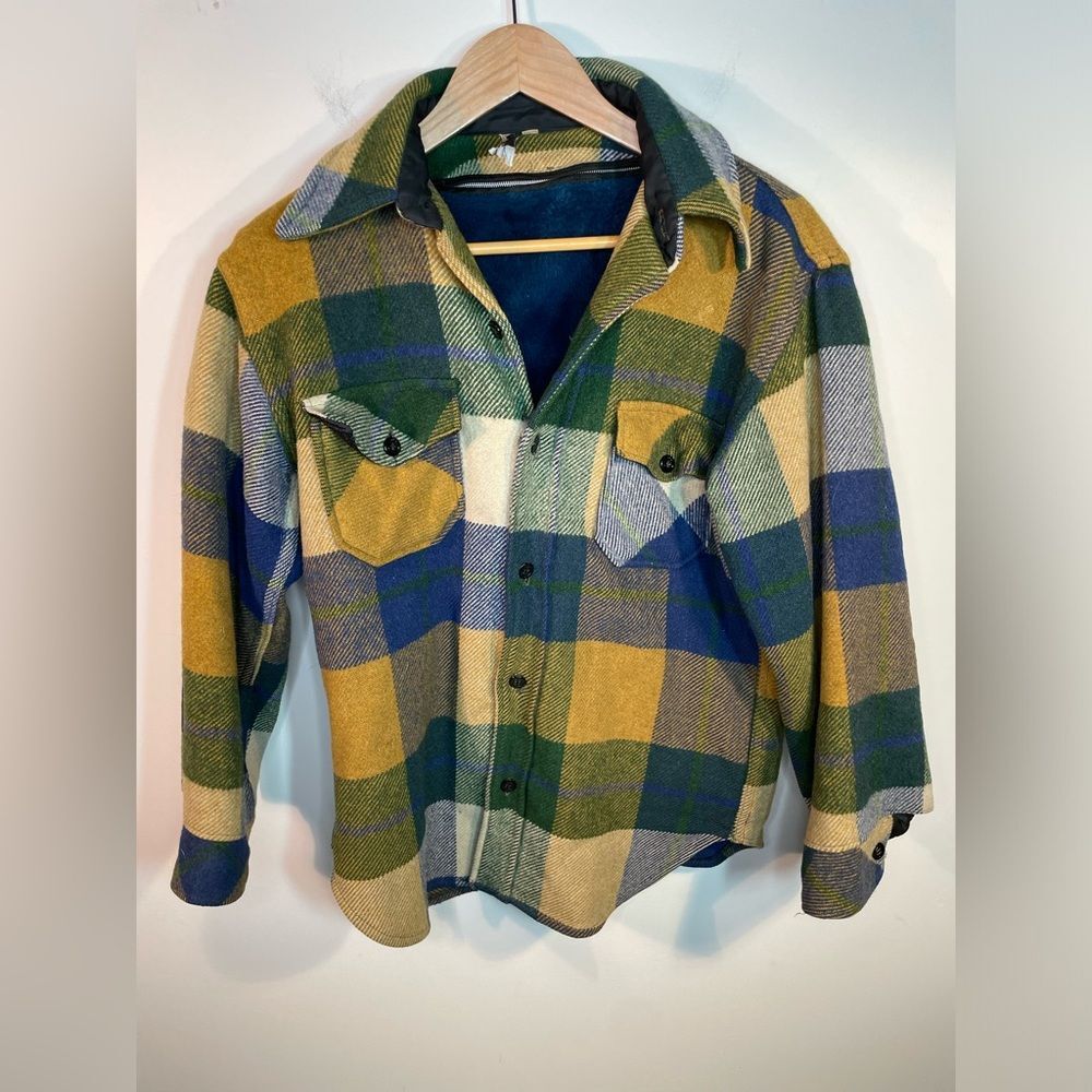 Vintage CPO William‎ Barry Heavy Wool Plaid Button Down Jacket Blue and Yellow